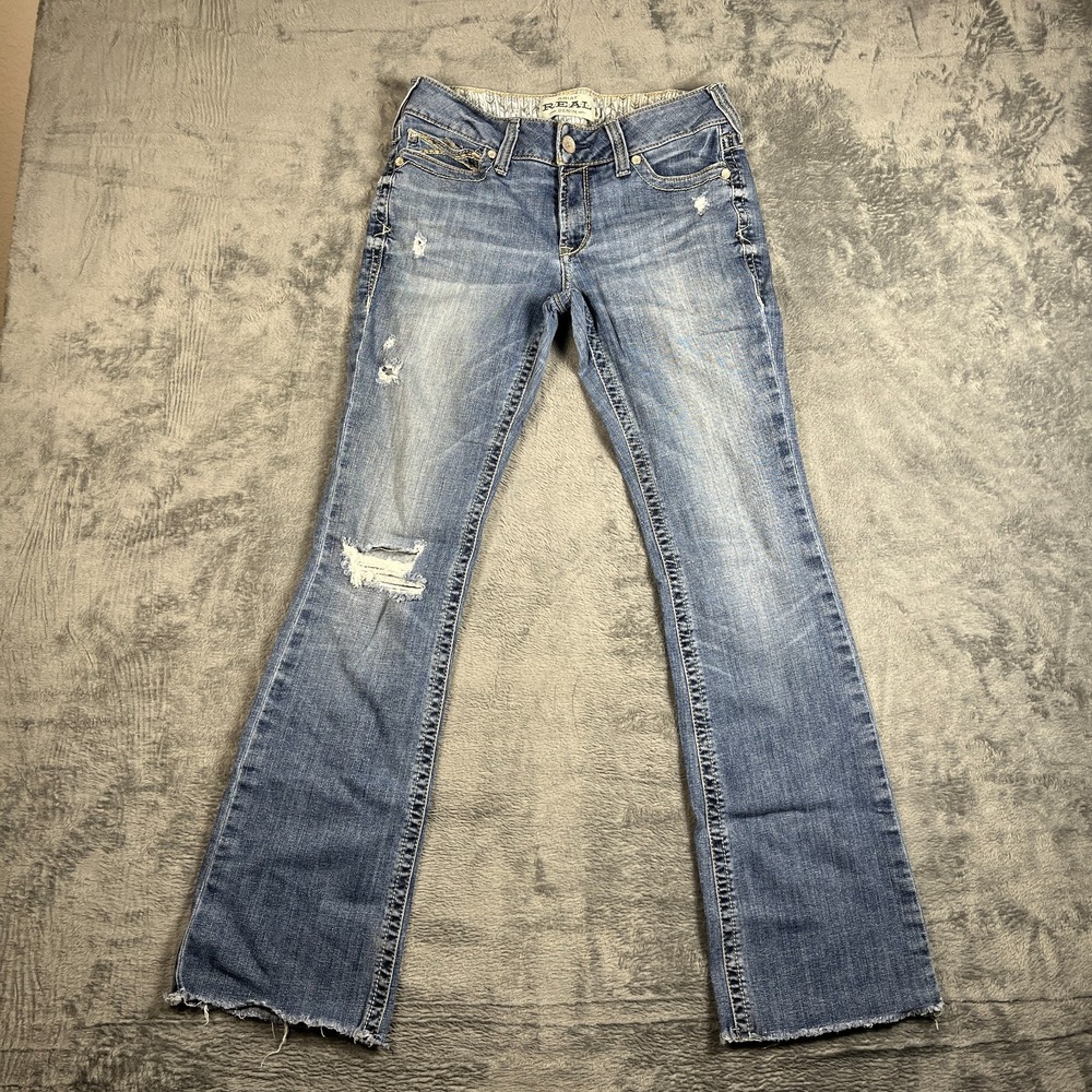 Ariat Real Arrow MR Boot Jeans Women 29R Blue Whiskered Denim Distressed Raw Hem